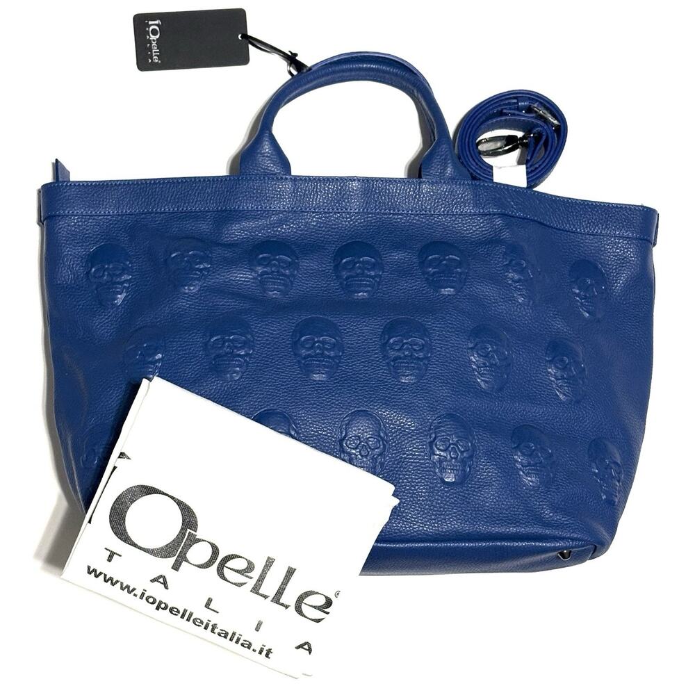 IO PELLE Skull Embossed Blue Leather Tote Bag XL Weekender Crossbody Strp NWT